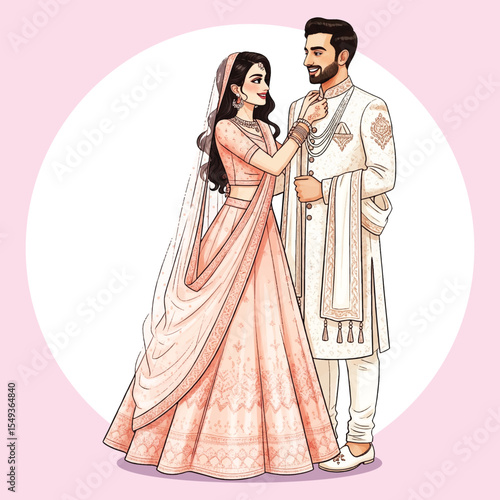Modern Indian Wedding Couple Illustration – Bride Adjusting Groom’s Sherwani Vector