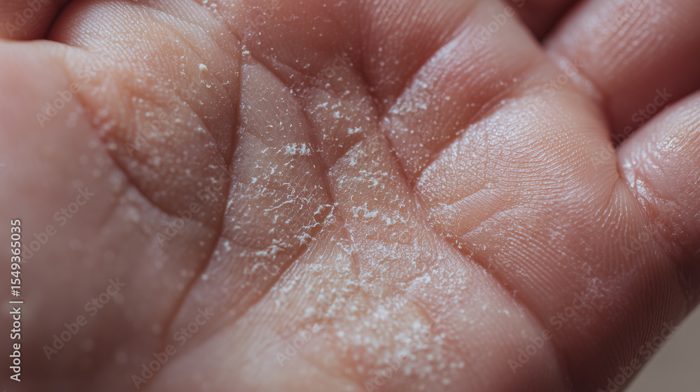 Fototapeta premium Dry skin on hand closeup with visible flakes and rough texture showing signs of irritation and dryness in detailed extreme macro shot