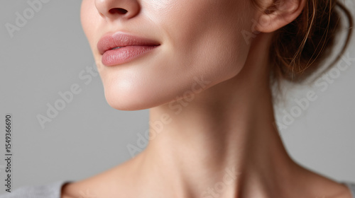 Soft closeup of woman chin and lips with smooth skin and natural makeup, showing gentle smile and delicate jawline against neutral background