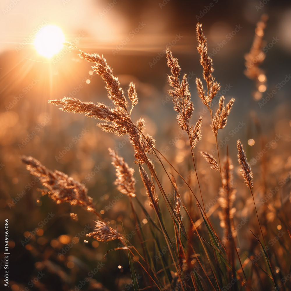 Fototapeta premium Warm Sunlight Shining Through Field of Golden Grass at Sunset