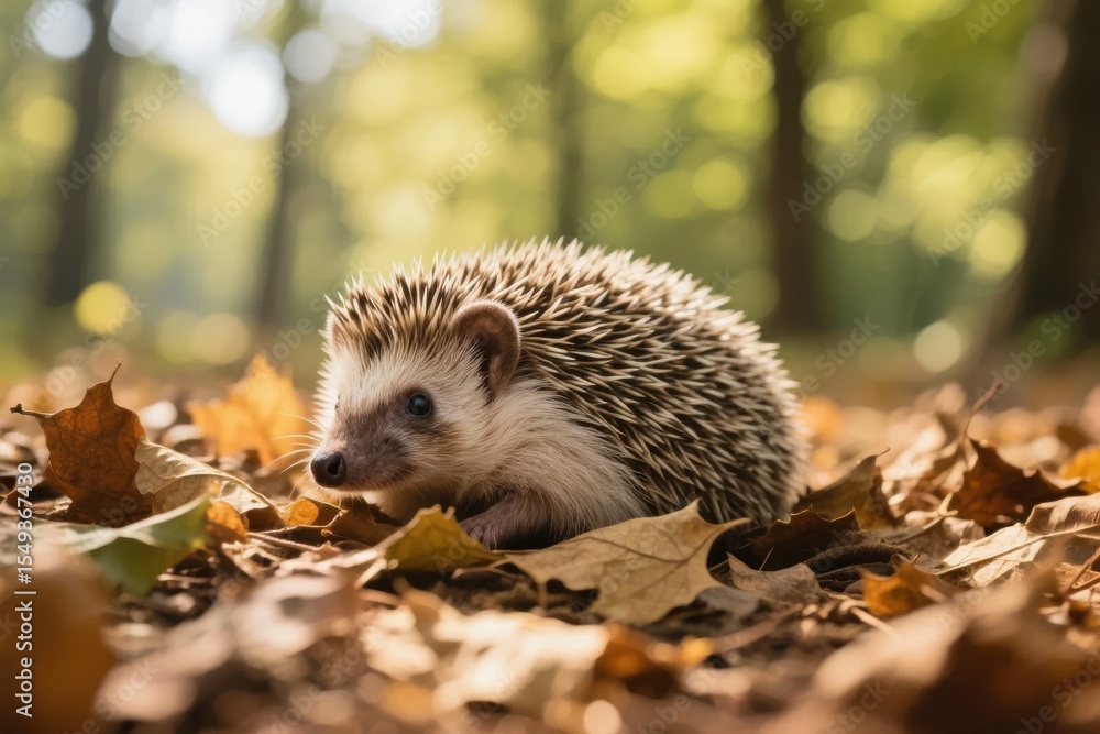 Fototapeta premium Hedgehog Nestled Among Autumn Leaves in a Forest