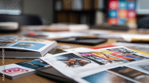 Detailed view of open magazines and photo prints on a desk, showcasing visual content and publishing efforts.