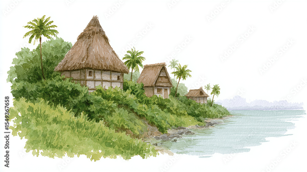 Charming Coastal Village: A Watercolor Illustration of Tropical Houses Surrounded by Lush Greenery and Serene Waters, Celebrating Nature and Relaxation in Harmony Charming Coastal Village: A Watercolor Illustration of Tropical Houses Surrounded by Lush Greenery and Serene Waters, Celebrating Nature and Relaxation in Harmony