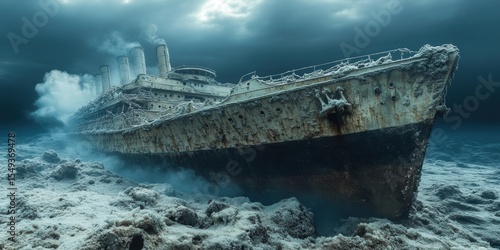 Sunken Shipwreck Resting on Ocean Floor with Corals in Dimly Lit Waters