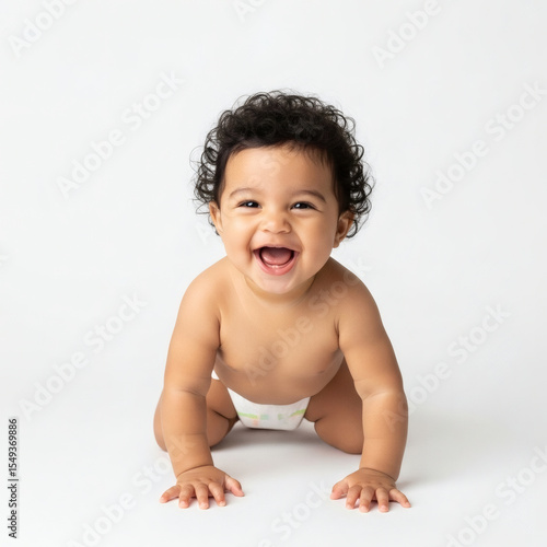A cheerful baby crawling on a white surface with a bright smile face