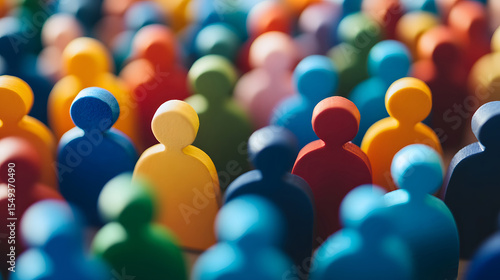 Colorful figures stand together representing a diverse group of people. Teamwork and community concept.