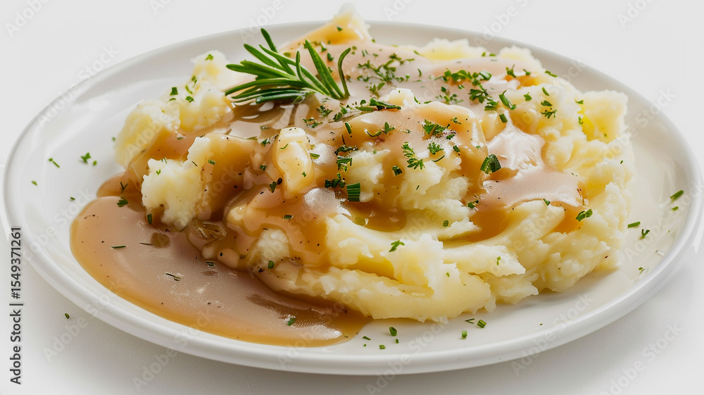 Creamy mashed potatoes with gravy and herbs served on a white plate for dinner Creamy mashed potatoes with gravy and herbs served on a white plate for dinner