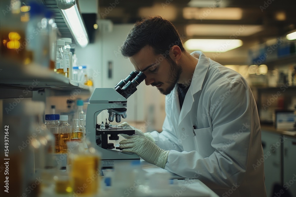 Researcher using a microscope to analyze cells in a medical lab, working on scientific research for healthcare advancements., Generative AI Researcher using a microscope to analyze cells in a medical lab, working on scientific research for healthcare advancements., Generative AI