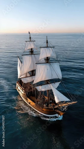 Wooden sailing ship on calm water