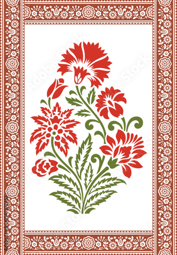 Tradition Mughal motif. Mughal hand drawn flower, Mughal wall painting, Embroidery seamless pattern with beautiful flowers.Handmade floral ornament on dark background.
