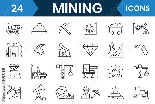 Mining icon set collection. Set of Mining outline icon, vector symbol, Diamond, gold, mine, ore, pickaxe, coal wagon and more. Vector illustration.
