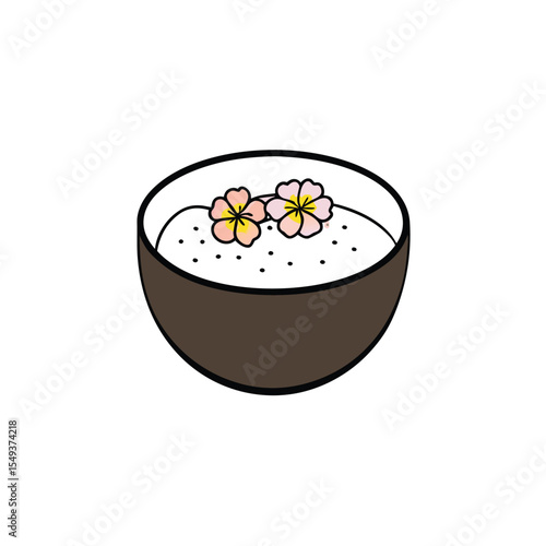 coconut smoothie bowl with edible flowers and chia seeds topping Vector illustration