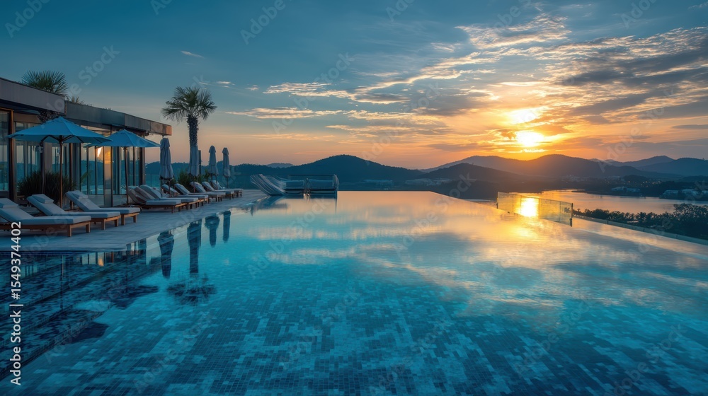 Obraz premium Empty infinity pool reflecting sky at sunset