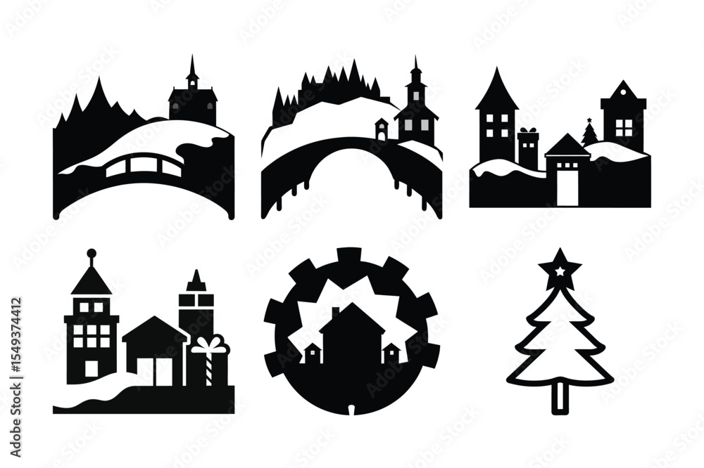 Fototapeta premium Christmas Town Silhouettes Winter Village Clipart Set for Festive Designs