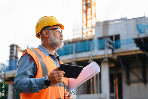 Photography A construction supervisor in a safety vest and hard hat is observing the site, h