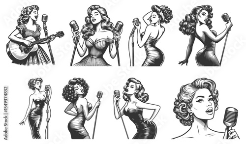 pin-up woman singer with retro microphones, music and glamor vibes Set collection bundle sketch engraving generative ai vector illustration. Scratch board imitation. Black and white image.