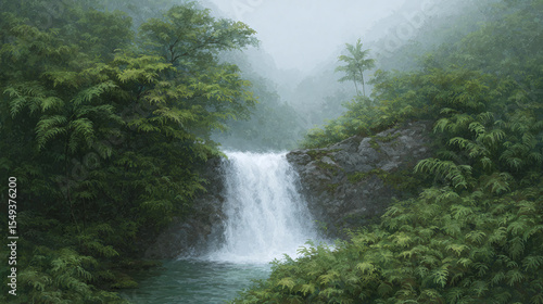 Discover the Tranquil Beauty of a Lush Waterfall Surrounded by Misty Forests in an Idyllic Natural Landscape