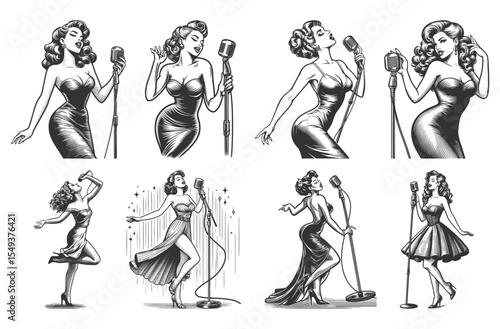 pin-up woman singer with retro microphones, music and glamor vibes Set collection bundle sketch engraving generative ai vector illustration. Scratch board imitation. Black and white image.