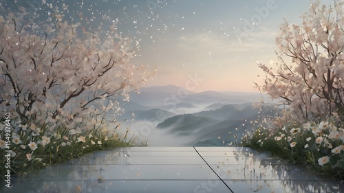 Pastel Spring Landscape with Blossoming Trees and Misty Mountains