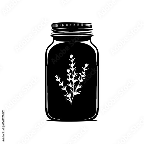 Black vector of a mason jar with herbal plant silhouette, symbolizing organic storage or natural remedies.

