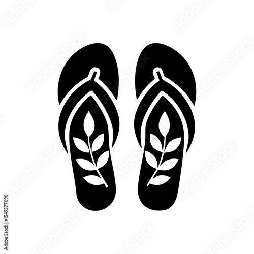 Minimalist vector icon of flip-flops with a natural leaf detail, representing summer and eco lifestyle.

