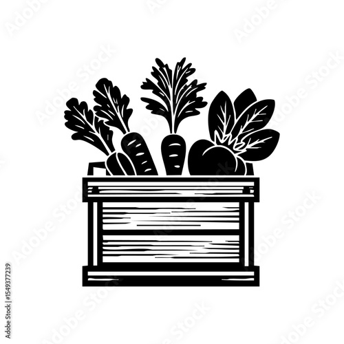 Minimalist vector icon of a produce crate with carrots and leafy vegetables, black silhouette style.

