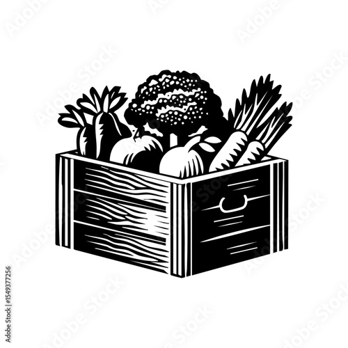 Vector logo of a wooden produce box filled with fresh vegetables in black and white.

