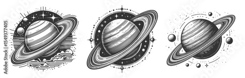 Saturn Planet Set collection bundle sketch engraving generative ai vector illustration. Scratch board imitation. Black and white image.