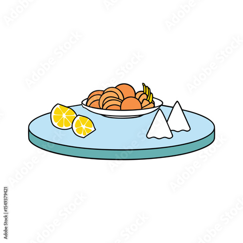 gourmet seafood platter with lemon and ice on tropical table Vector illustration
