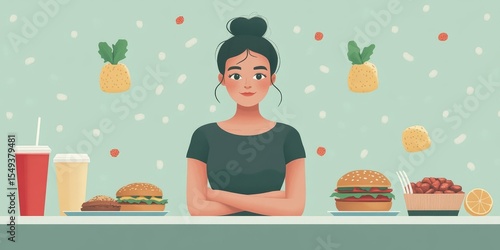 Eat less fat for health, woman avoiding fast food during a diet session to lose weight and control her health., Generative AI