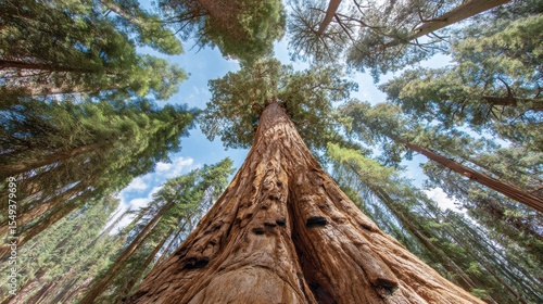 Giant sequoia tree trunk towering under forest canopy light