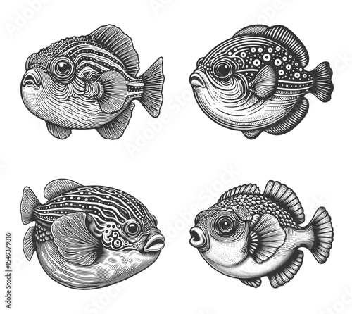 puffer fish Set collection bundle sketch engraving generative ai vector illustration. Scratch board imitation. Black and white image.