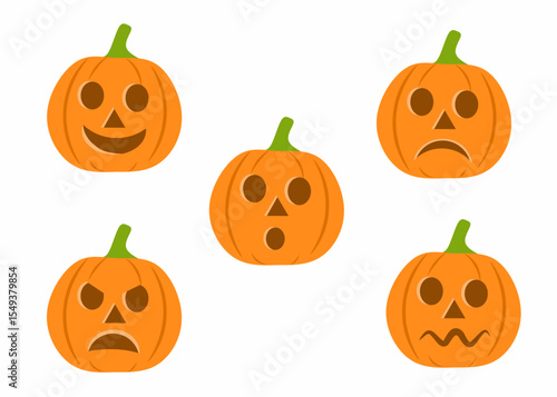 Vector set of five pumpkin faces with different emotions. Halloween themed jack-o'-lanterns showing happy, sad, angry, scared, and surprised expressions. Suitable for kids activities