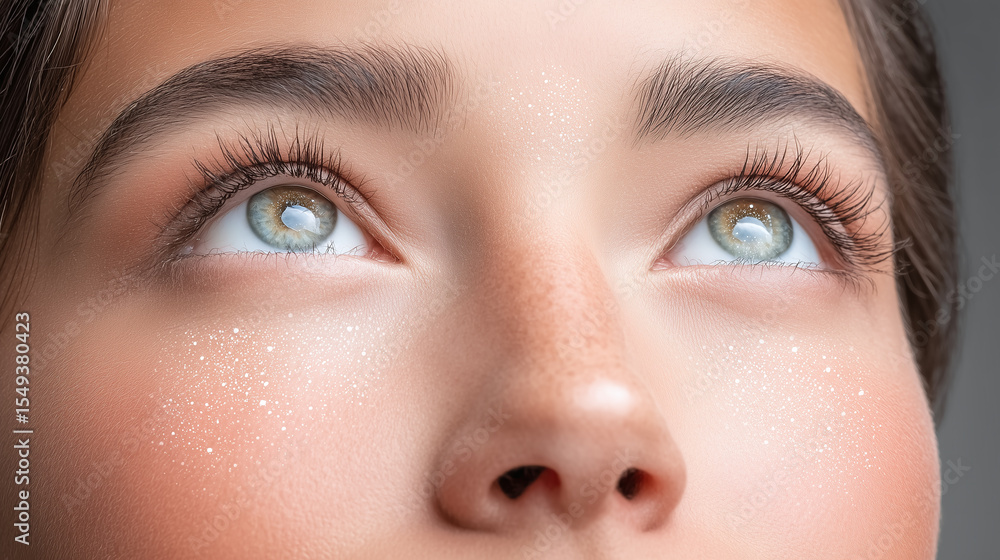 Fototapeta premium Eyes looking upward with starlight reflecting in iris, close up of youthful face with smooth skin and natural makeup, expressing wonder and hope