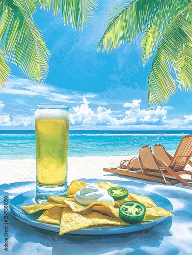 Refreshing Beach Scene with Nachos and Beer Under Palm Trees