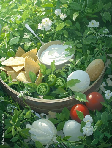 Fresh Ingredients in Nature Setting with Chips and Dip Display