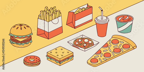 Vector set of travel and tourism icons with cartoon illustrations of food, pizza, cake, coffee, cheese, sandwich, bread, hamburger, and drinks