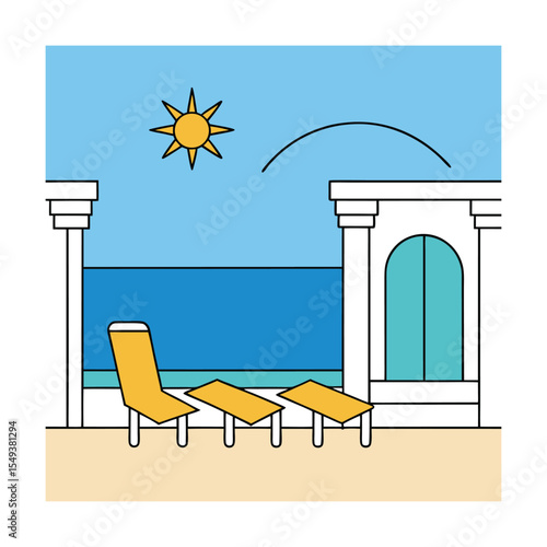 luxury villa balcony view with sunbeds and sea on horizon Vector illustration
