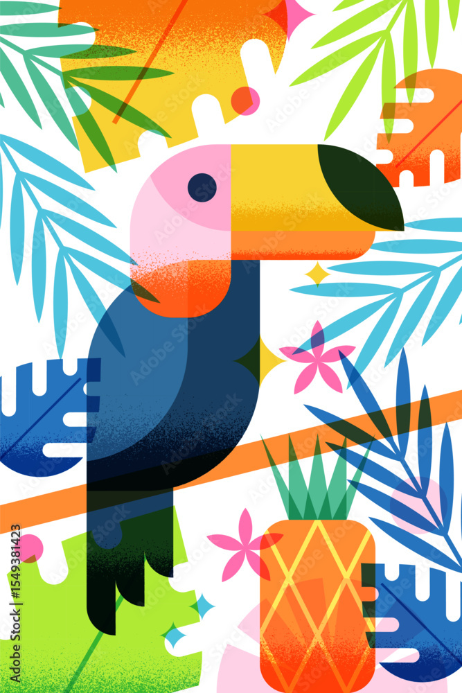 Fototapeta premium Vector summer illustration of toucan , pineapple, palm leaves frame. Design elements for graphic print, poster, card