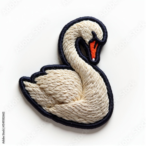 Elegant swan, crafted with woven textures and vibrant orange beak resting on a white background.