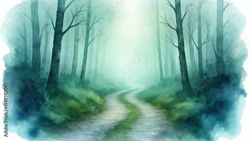 Mystical Forest Pathway: A winding path leads into a serene and misty forest, shrouded in an ethereal, dreamlike atmosphere, inviting exploration and contemplation.