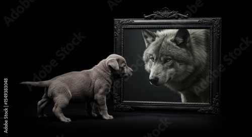 Small gray non-confident insecure frightened puppy looks in mirror and sees big brave strong confident gray wolf. Metaphor for self-esteem, self-respect, self-love. Believing in you will succeed