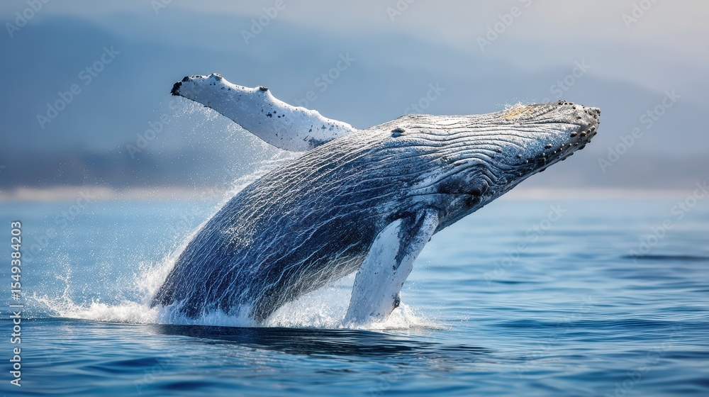 Naklejka premium Humpback whale breaching ocean surface, softly blurred seascape backdrop under bright midday sun