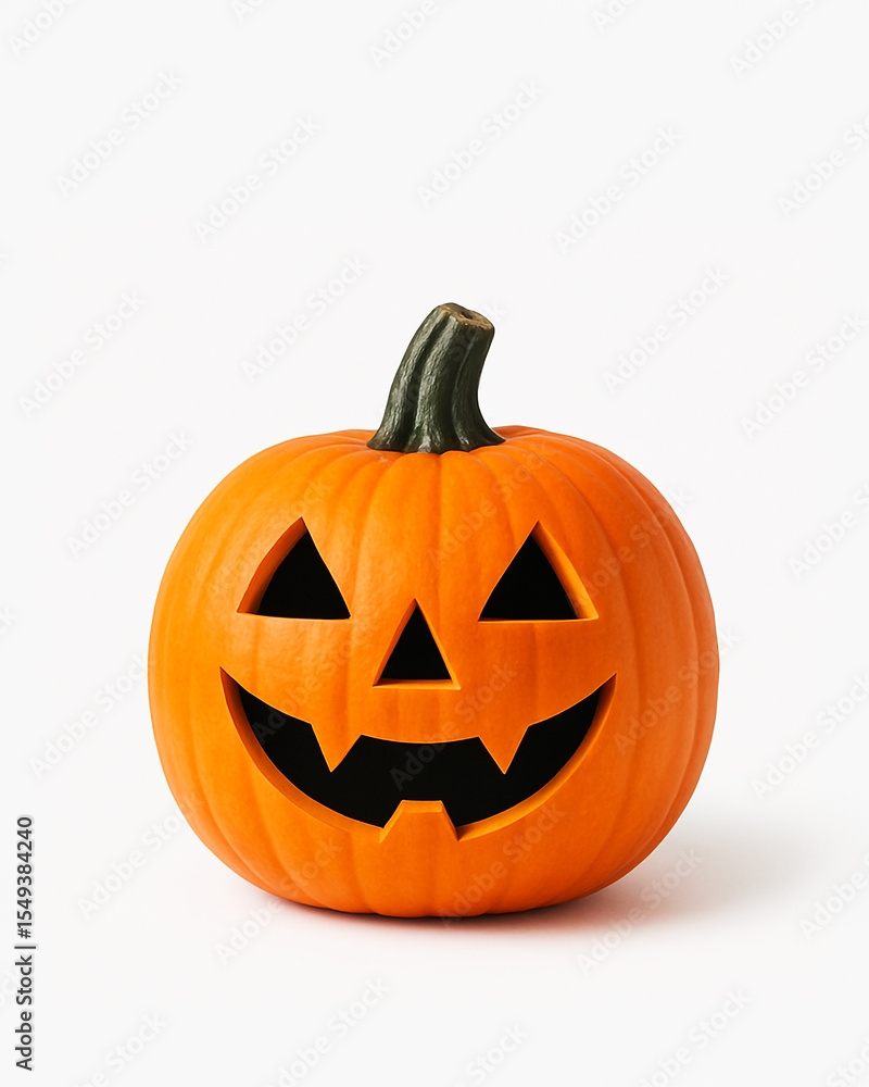 Classic carved Halloween pumpkin with a smiling face, isolated on a white background. Traditional jack-o'-lantern decoration for autumn and spooky season. Classic carved Halloween pumpkin with a smiling face, isolated on a white background. Traditional jack-o'-lantern decoration for autumn and spooky season.