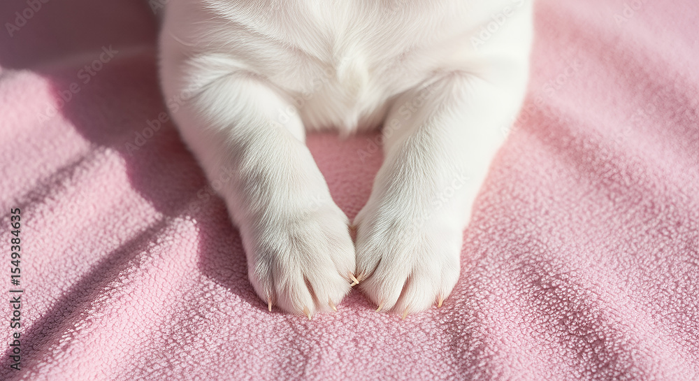 Fototapeta premium Close-up of a cute puppy paws resting on soft pink blanket in sunlight