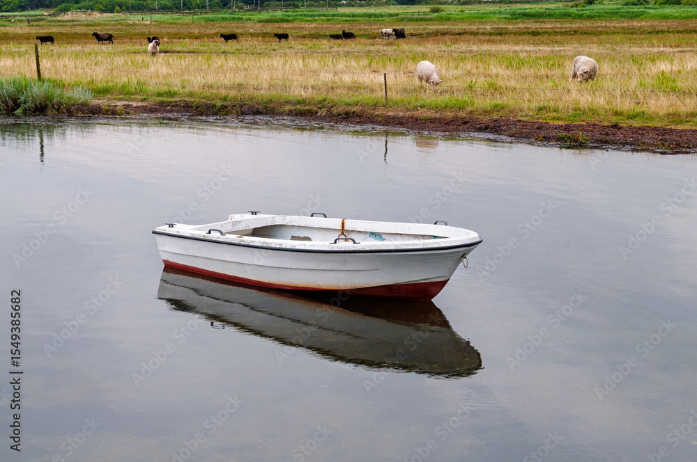 Fototapeta premium A small white boat rests quietly on calm water, surrounded by fields where sheep graze peacefully under a cloudy sky.