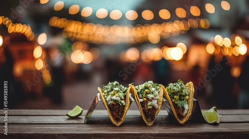 Jackfruit taco trio with lime wedges on a wooden board on a softly blurred vegan street fair backdrop