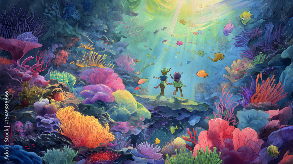 Fototapeta premium Fantasy Coral reef Cartoon Watercolor
