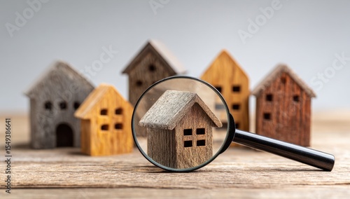 Magnifying glass closely examining a miniature wooden house, symbolizing detailed property search and real estate investment.