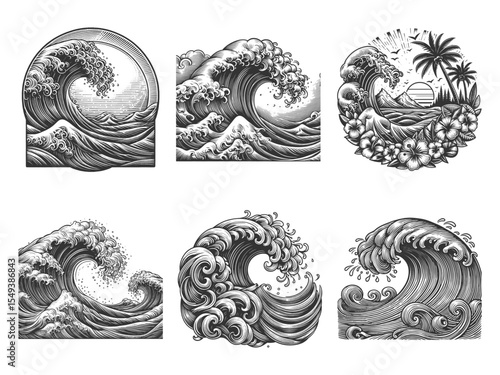 Ocean Wave Set collection bundle sketch engraving generative ai vector illustration. Scratch board imitation. Black and white image.